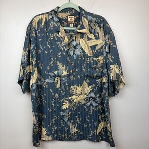 Tommy Bahama Shirt Mens Medium Blue 100% Silk Hawaiian Floral Button Up Camp